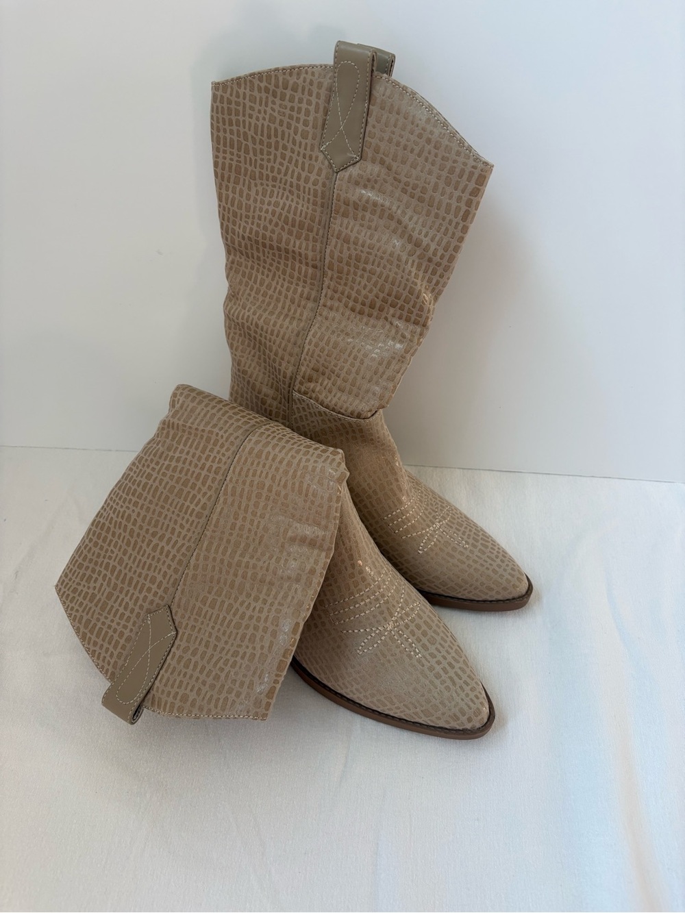 Beige Croc-Embossed Mid-Calf Heeled Boots